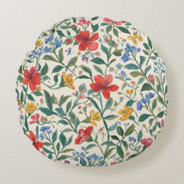 Lovely, Red Yellow Blue Flowers and Leaves Pattern Rundes Kissen