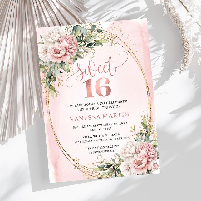 Lovely Rose Gold Flowers Eucalyptus 16th Birthday  Einladung (Lovely Rose Gold Flowers Eucalyptus 16th Birthday Invitation

)