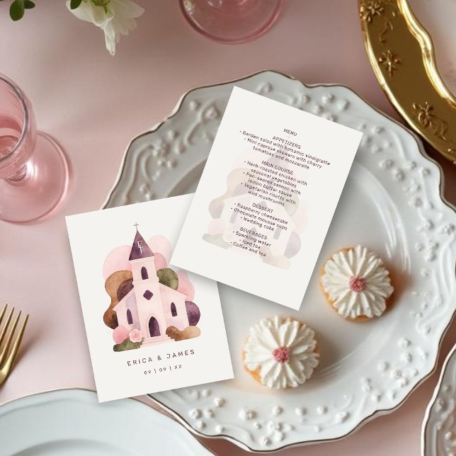 Lovely Rustic Pink Tones Church Wedding Menükarte (Lovely Rustic Pink Tones Church Illustration Wedding Menu Design. )