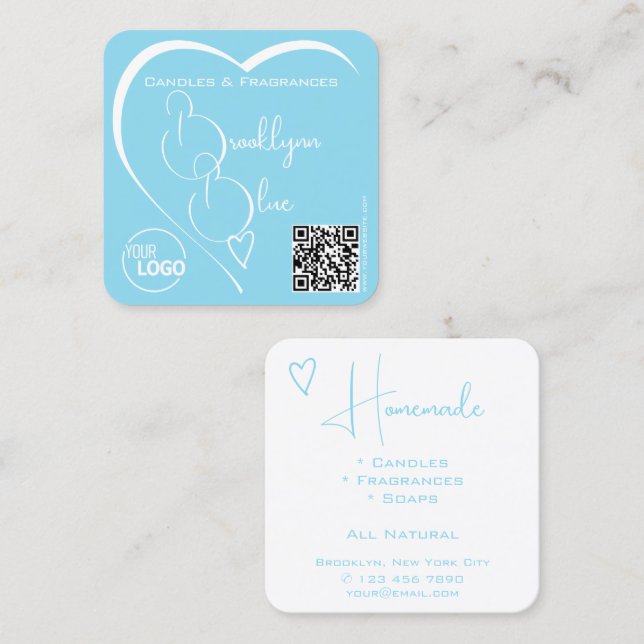 Lovely Sky Blue and White Heart mit Logo QR Code Quadratische Visitenkarte (Vorne/Hinten)