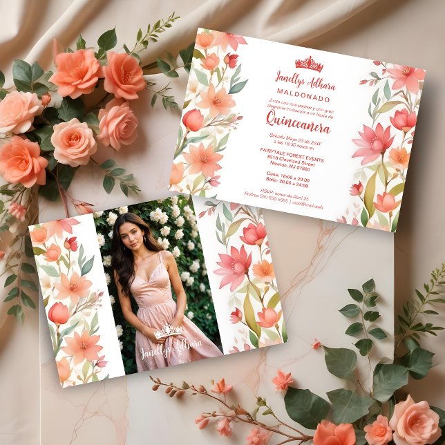 Lovely Sweet Floral Garland Spanish Photo Mis XV Einladung (Lovely Sweet Floral Garlands Spanish Photo Mis XV Invitations Cards. )