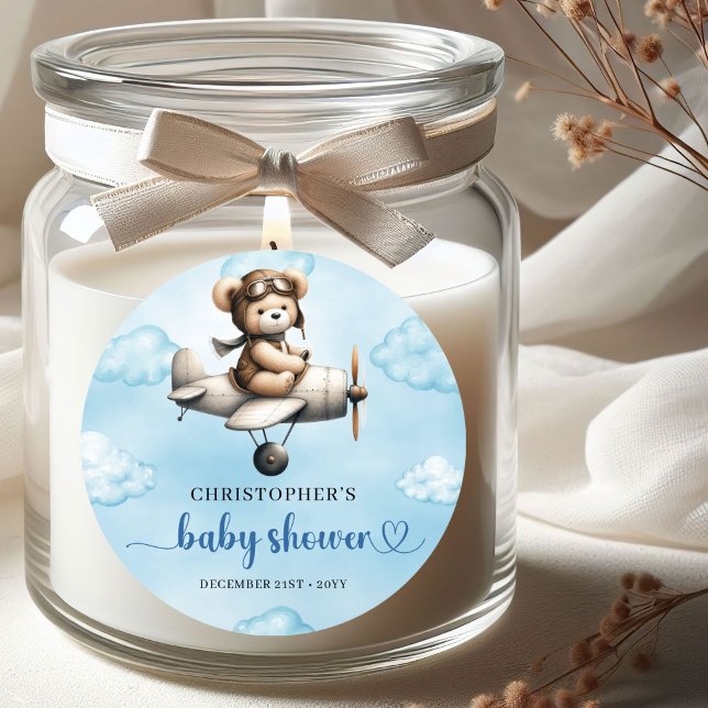 Lovely Teddy Bear Aviator Blue Brown Boy Baby Show Runder Aufkleber (Lovely Teddy Bear Aviator Blue Brown Boy Baby Shower Sticker

)