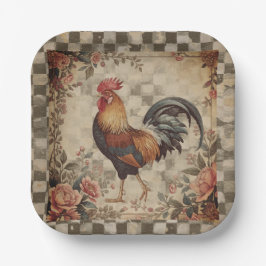 Lovely Vintage Rooster and Flowers Pattern Pappteller