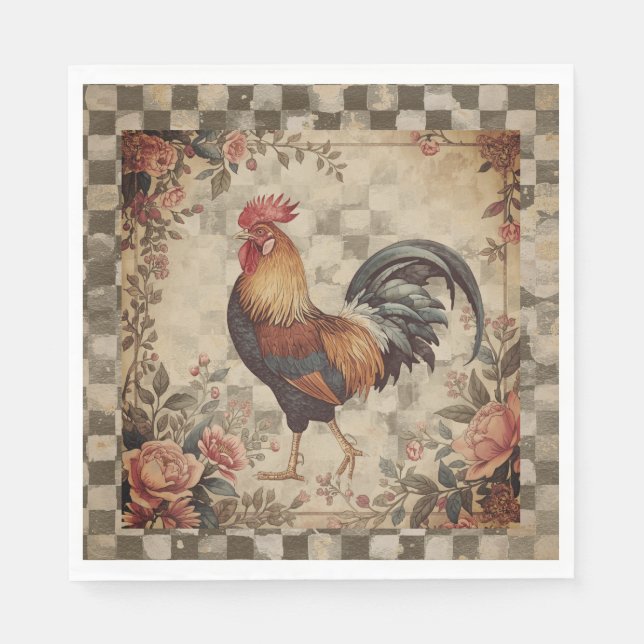 Lovely Vintage Rooster and Flowers Pattern Serviette (Vorderseite)