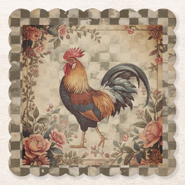 Lovely Vintage Rooster and Flowers Pattern Untersetzer (Vorderseite)