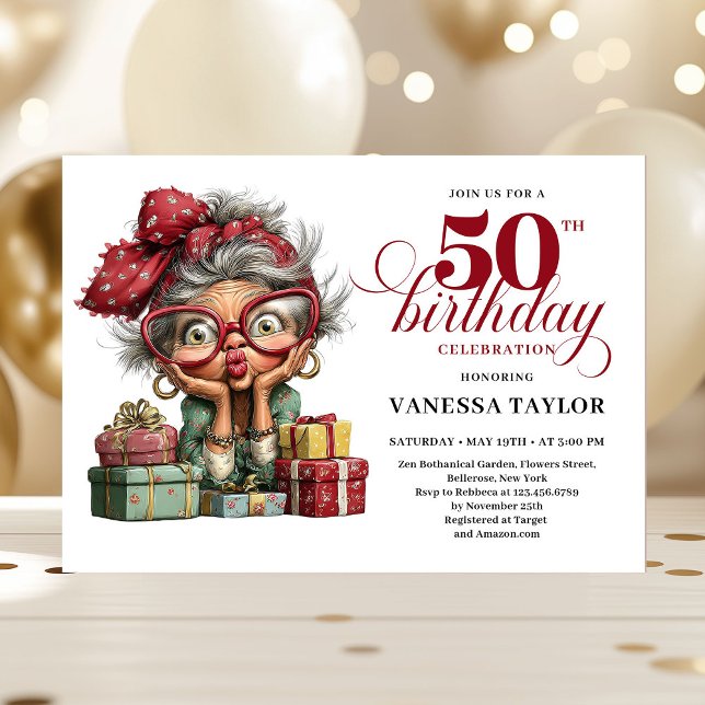 Lovely Whimsical Woman 50th Birthday Humor Party  Einladung (Lovely Whimsical Woman 50th Birthday Humor Party Invitation)