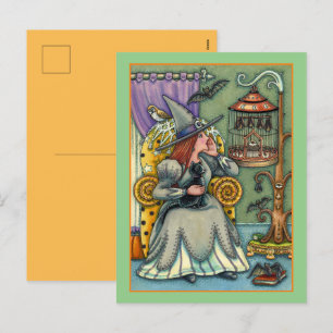 LOVELY WITCH, CAT & HER PETS, BVT CAGE, HALLOWEWEE FEIERTAGSPOSTKARTE