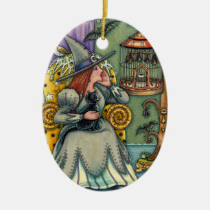 LOVELY WITCH, CAT & HER PETS, BVT CAGE, HALLOWEWEE KERAMIK ORNAMENT