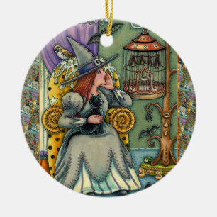 LOVELY WITCH, CAT & HER PETS, BVT CAGE, HALLOWEWEE KERAMIK ORNAMENT