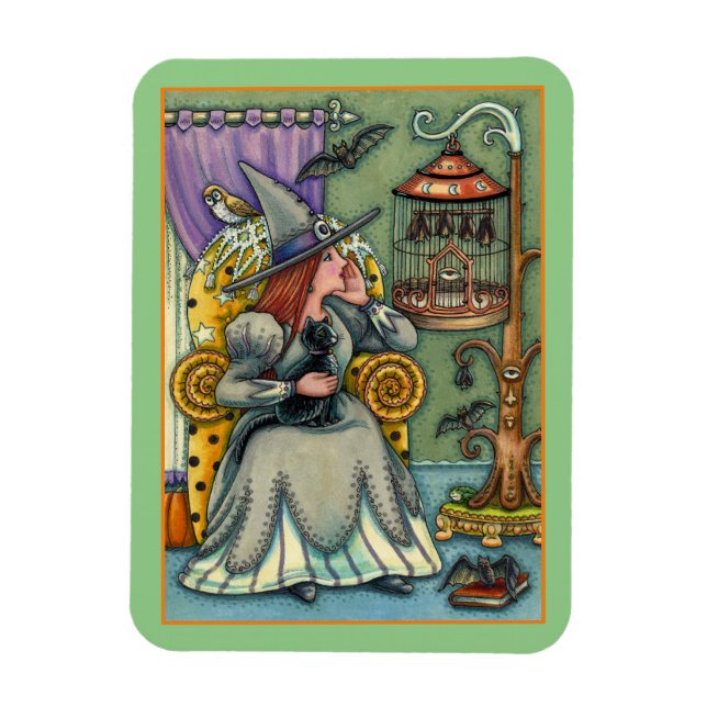 LOVELY WITCH, CAT & HER PETS, BVT CAGE, HALLOWEWEE MAGNET (Vertikal)
