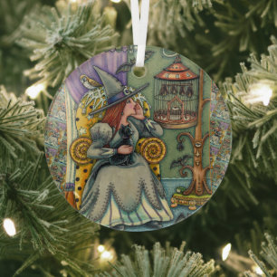 LOVELY WITCH, CAT & HER PETS, BVT CAGE, HALLOWEWEE ORNAMENT AUS GLAS