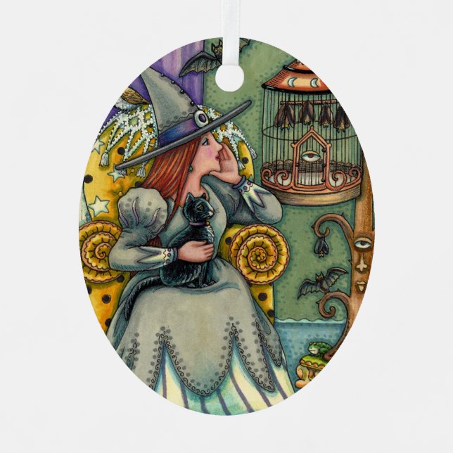 LOVELY WITCH, CAT & HER PETS, BVT CAGE, HALLOWEWEE ORNAMENT AUS METALL (Vorderseite)