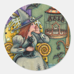 LOVELY WITCH, CAT & HER PETS, BVT CAGE, HALLOWEWEE RUNDER AUFKLEBER