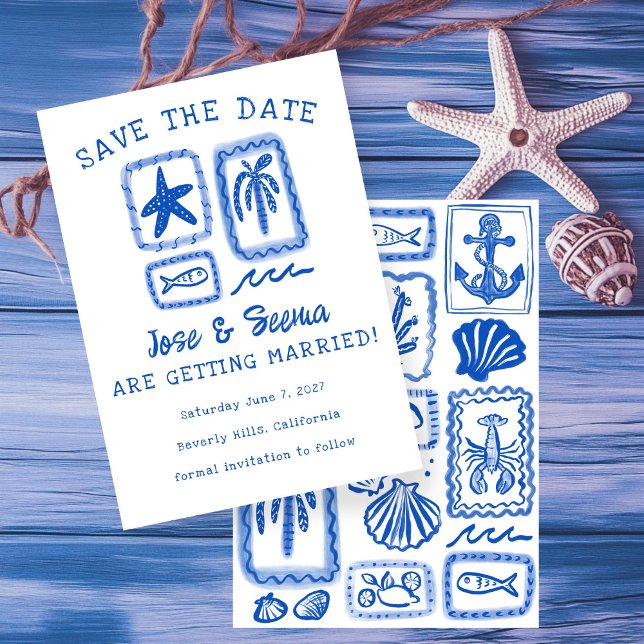 LoveNote vom Sea Beach HandGezeichnet Niedliche Cu Save The Date (LoveNote from the Sea Beach Hand-Drawn Cute Custom Save The Date Card
)
