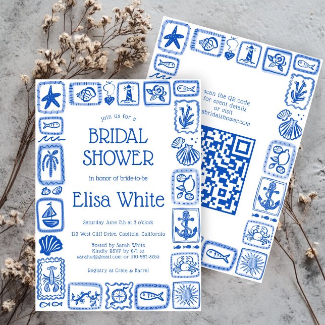 LoveNotes aus Sea Modern CUSTOM QR Brautparty Einladung (LoveNotes from the Sea Modern CUSTOM QR Beachy Summer Bridal Shower Invitation
)