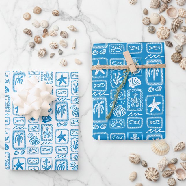 LoveNotes vom Sea Beach Ocean Modernes CUSTOM Geschenkpapier Set (LoveNotes from the Sea Beach Ocean Modern CUSTOM Blue White Wrapping Paper Sheets
)