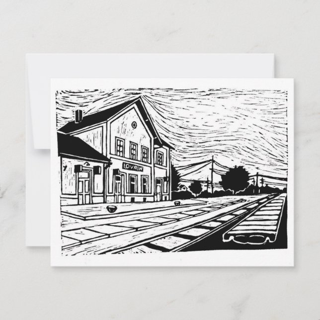 Lovrin Bahnhof Linolschnitt RSVP Karte (Vorderseite)