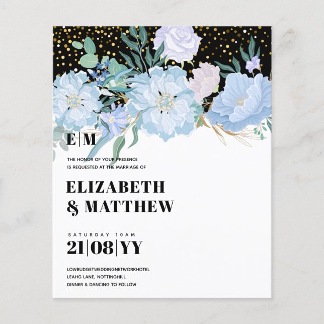 Low Budget Hochzeit FLYER Blue Blumen Girly (Vorne)