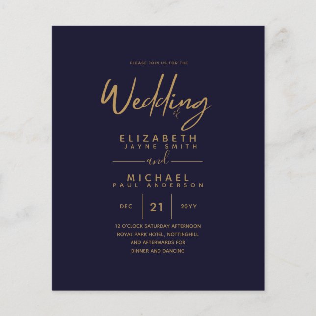Low Budget Navy Blue Gold Simple Wedding Flyer (Vorne)
