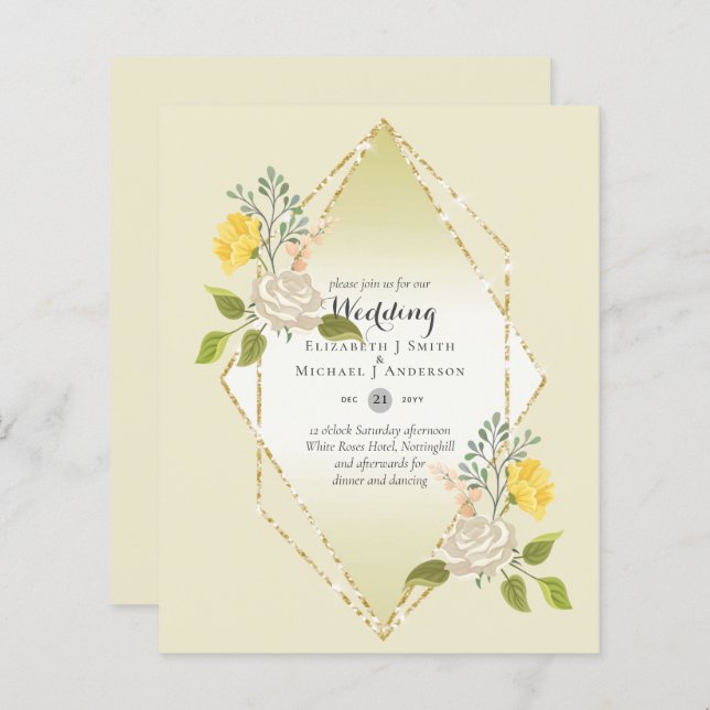 LOW BUDGET White Rose Gelbe Blume Hochzeit einlade (Vorne/Hinten)