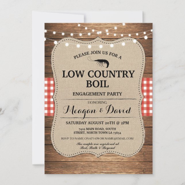 Low Country Boil Engagement Party Red Check Einladung (Vorderseite)