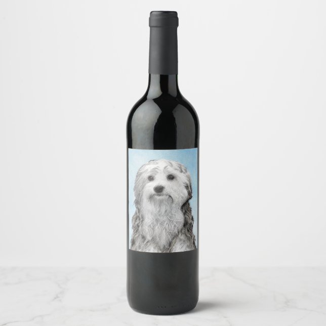Lowchen Malerei - Niedliche Original Hunde Kunst Weinetikett (Vorderseite)