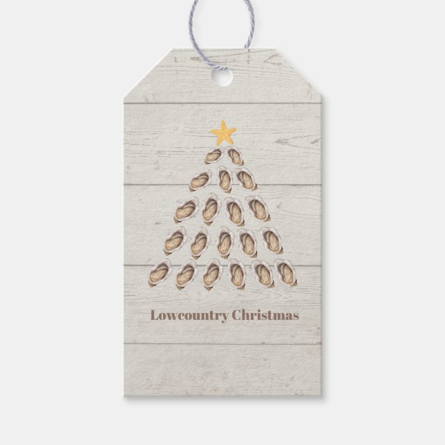 Lowcountry Oyster Weihnachtsbaum auf Holzplanke Geschenkanhänger (Vorderseite)
