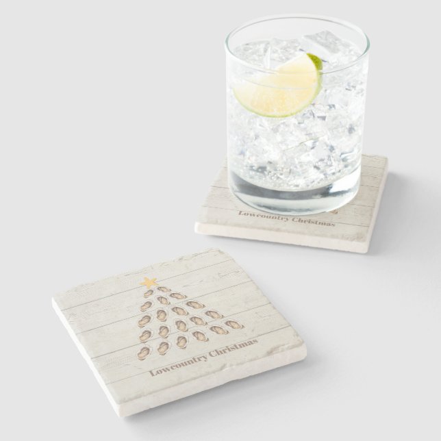 Lowcountry Oyster Weihnachtsbaum auf Holzplanke Steinuntersetzer (Seitenansicht)