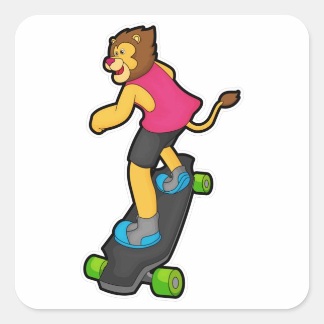 Löwe als Skateboarder mit Skateboard Quadratischer Aufkleber (Vorderseite)