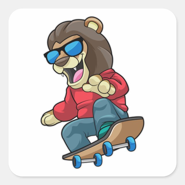 Löwe als Skater mit Skateboard Quadratischer Aufkleber (Vorderseite)
