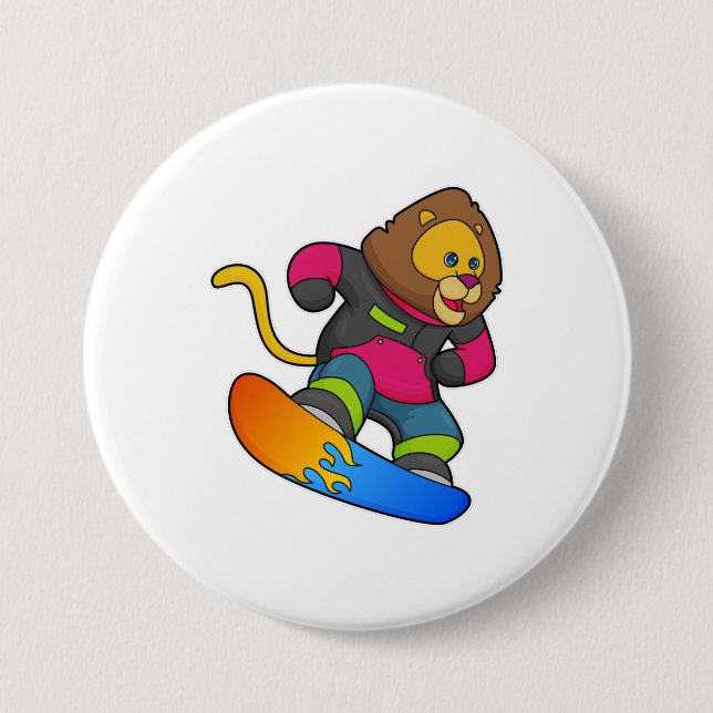 Löwe als Snowboarder mit Snowboard Button (Vorderseite)