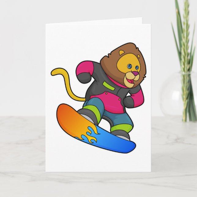 Löwe als Snowboarder mit Snowboard Karte (Vorderseite)