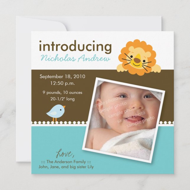 Löwe & Birdie Designer Geburtsankündigung (blau) Ankündigung (Vorderseite)