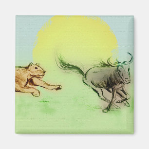 Löwe, der Büffel im wilden quadratischen Magneten Magnet