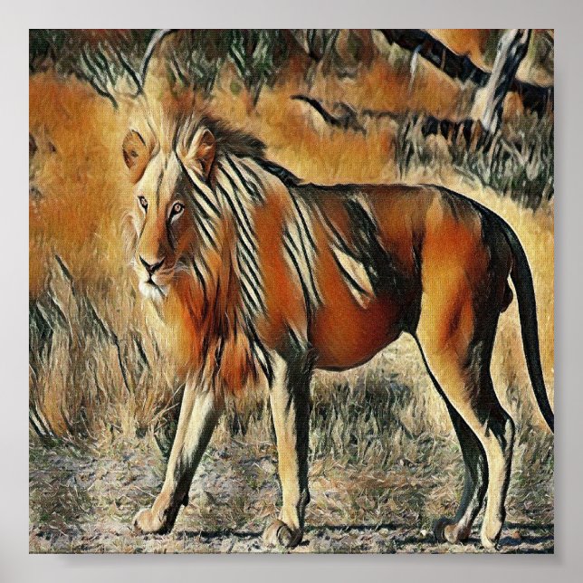 Löwe, der im Gebüsch spaziert Poster (Vorne)