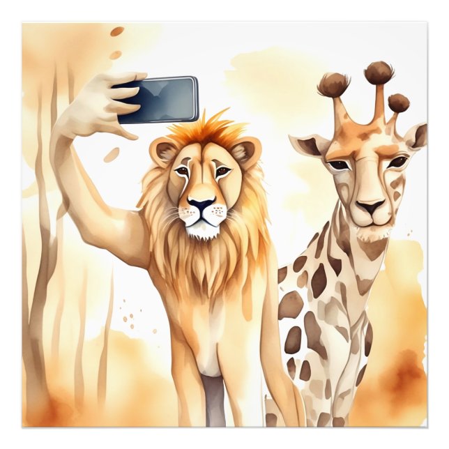 Löwe, die sich mit Giraffe selfie nimmt Fotodruck (Vorne)