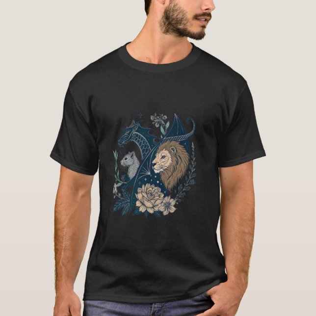 Löwe Erdmännchen Drache Laub Blumen Kunst Illustra T-Shirt (Vorderseite)
