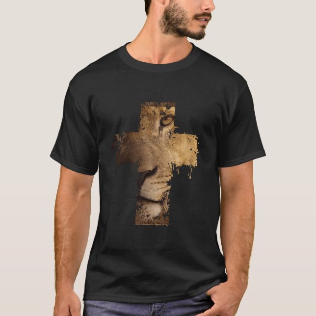 Löwe Kreuz Christlicher Glaube T-Shirt (Vorderseite)