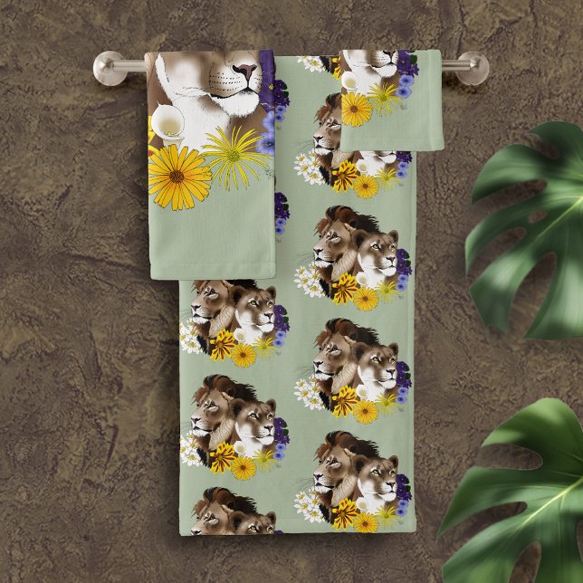 Löwe Löwin Floral Grün  Badhandtuch Set (Von Creator hochgeladen)