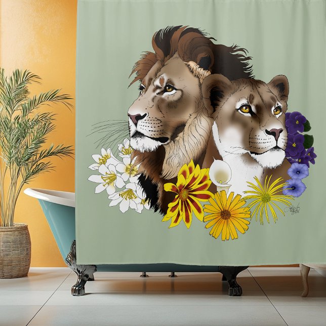 Löwe Löwin Floral Grün  Duschvorhang (Von Creator hochgeladen)