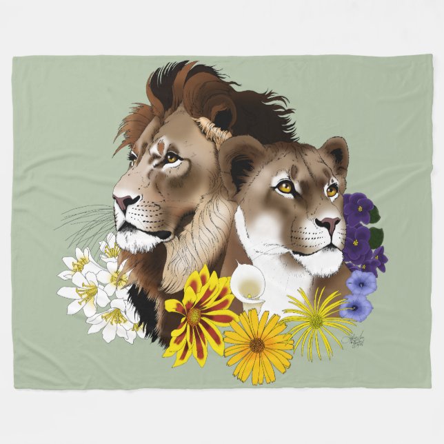 Löwe Löwin Floral Grün  Fleecedecke (Vorderseite (Horizontal))