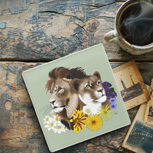 Löwe Löwin Floral Grün Glasuntersetzer
