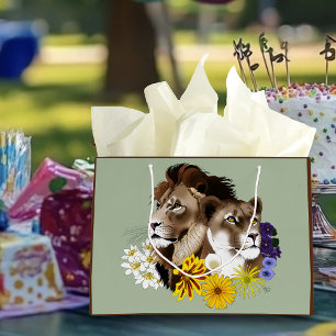 Löwe Löwin Floral Grün Große Geschenktüte