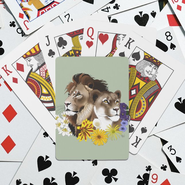 Löwe Löwin Floral Grün  Spielkarten (Von Creator hochgeladen)