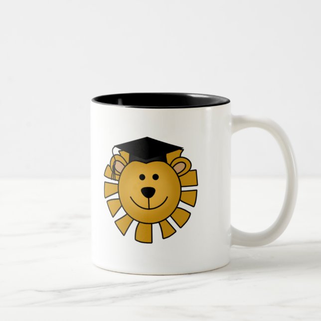 Löwe mit Abschluss-Kappen-T-Shirts und Geschenken Zweifarbige Tasse (Rechts)