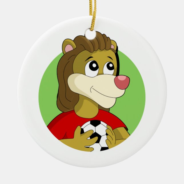 Löwe mit einem Fußballball-Cartoon Keramik Ornament (Vorne)