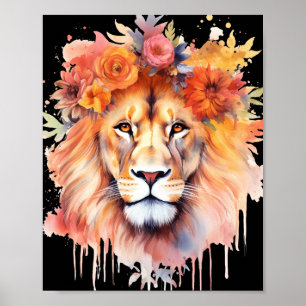 Löwe Pastell Blumen Safari Aquarell Savanne Katze Poster