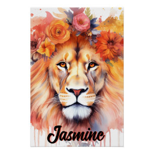 Löwe Pastell Blumen Safari Aquarell Savanne Katze Poster
