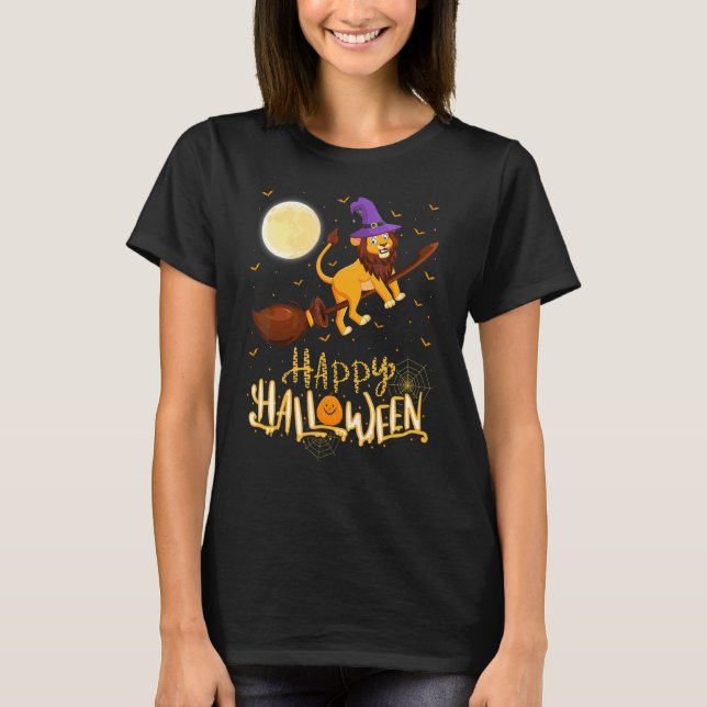Löwe Reitet Hexe Schrotflinte Löwe Halloween T-Shirt (Vorderseite)