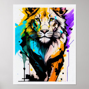 Löwe schwarze violette blaue Formen Linien malt Pl Poster